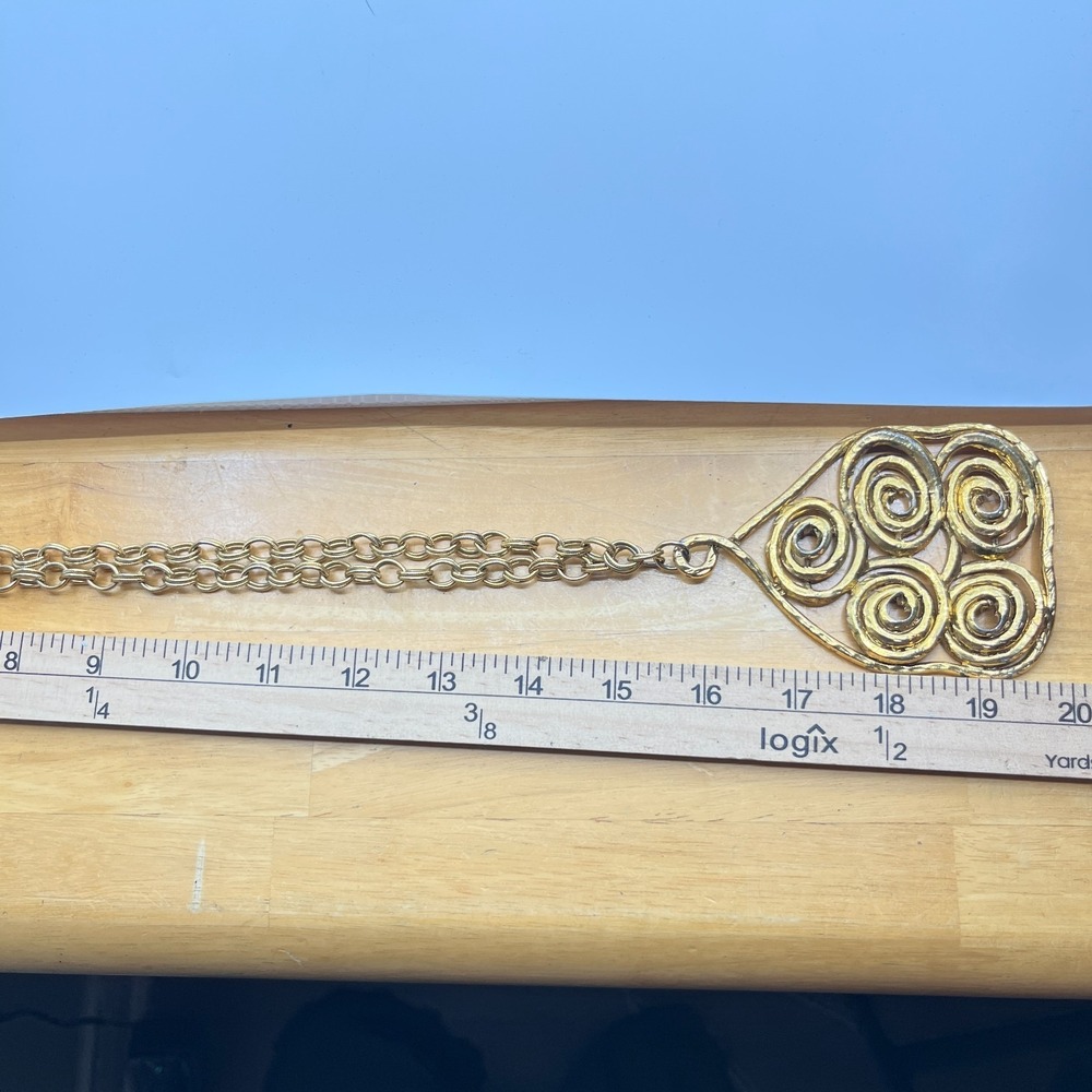 Vintage Gold Tone Wire Swirl Bell Pendant Double Link Chain Necklace Runway Boho - Picture 10 of 10